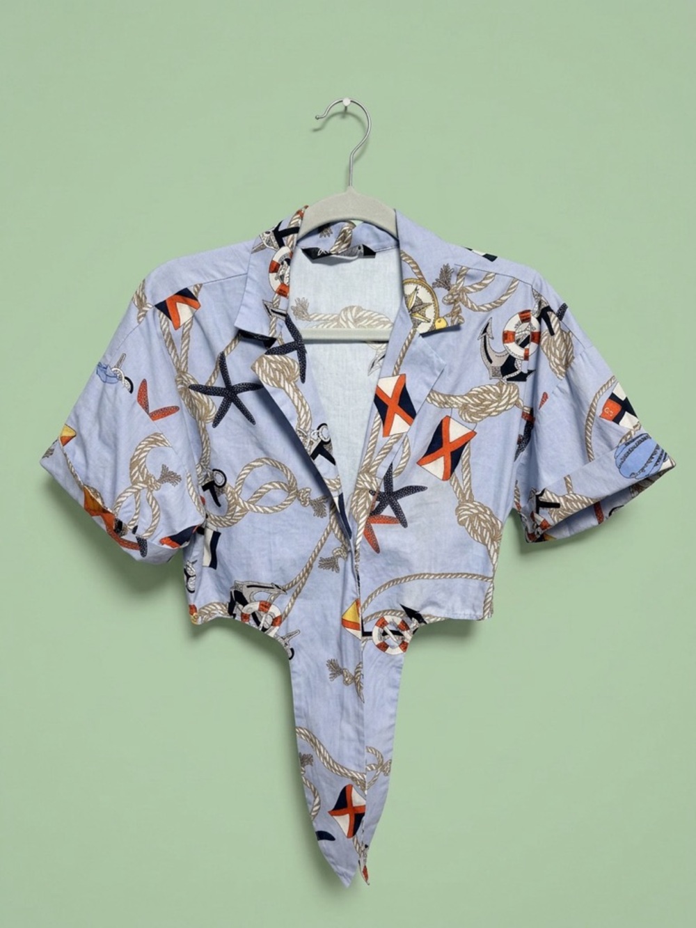 Zara Light Blue Nautical Print Tie-Front Top
